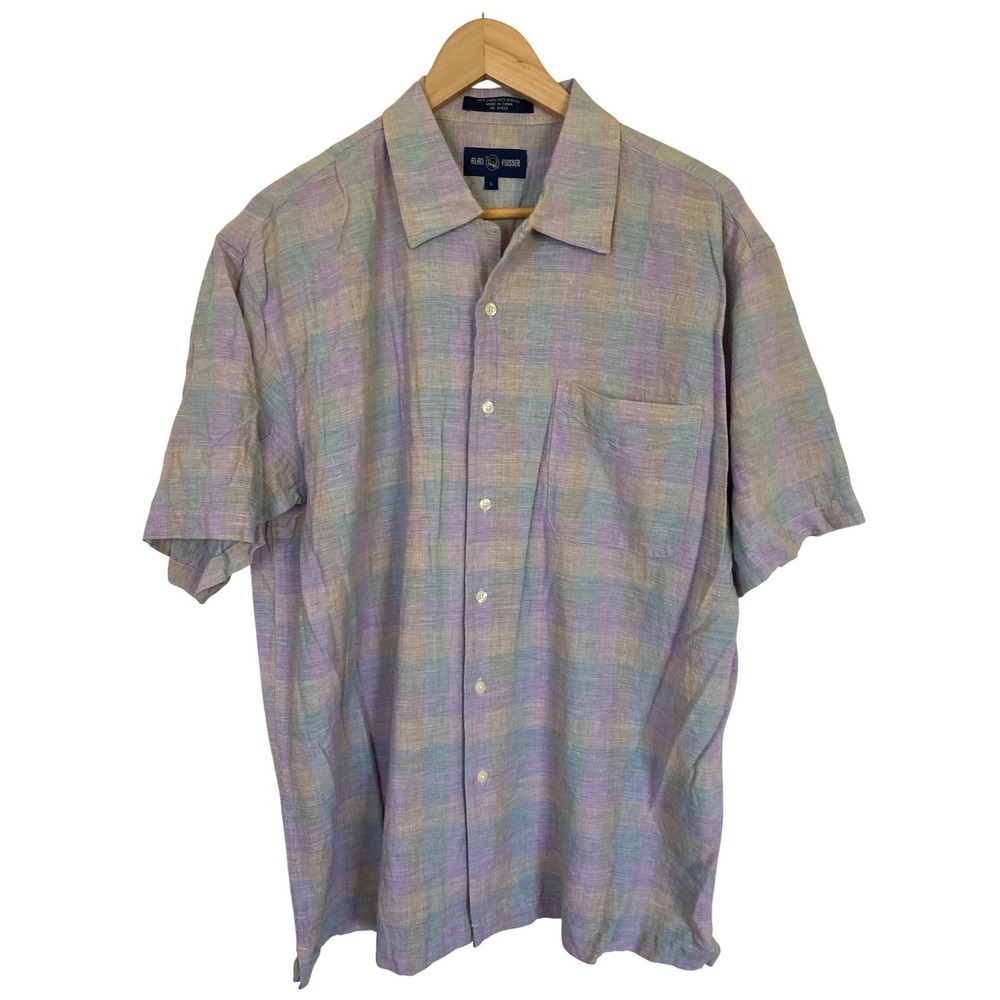 Alan Flusser Mens Large Linen Blend Short Sleeve Button Up‎ Shirt Pastel Plaid